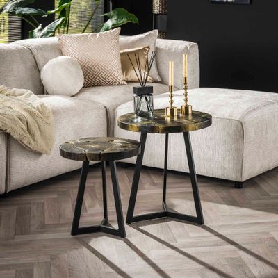 LifestyleFurn Salontafel 'Kaeo' Teakhout, Set van 2 stuks, kleur Zwart/Goud