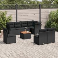 9-delige Loungeset met kussens poly rattan zwart