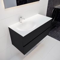 Mondiaz Vica Moon badmeubel zwart mat 100 cm 2 lades solid surface enkele spoelbak links 1 kraangat