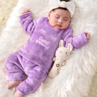Baby Girl Fluffy Pink Letter Sweatshirt and Pants 2pc Outfit Set Mauve Purple / 0-1M