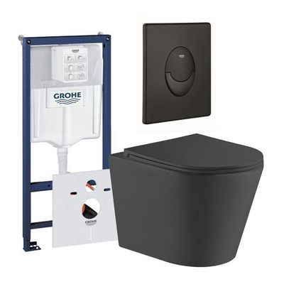 QeramiQ Dely Toiletset - Grohe inbouwreservoir - mat zwarte bedieningsplaat - ovaal toilet - zitting - mat zwart 0729205/SW1026253/SW656735/SW1000768