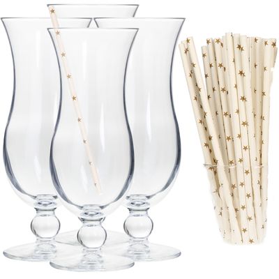Cocktail set van 4x cocktail glazen en 100x duurzame rietjes met sterren