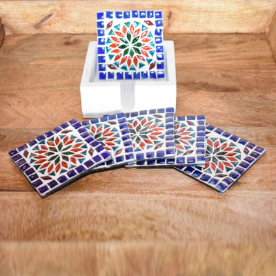 Mozaïek onderzetters Roya multi-colour in houten box