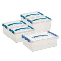 Sunware Q-Line opberg boxen set 5x stuks - 3 maten - 6-9-12 liter - kunststof - transparant/blauw