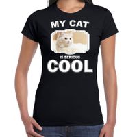 Witte kat katten / poezen t-shirt my cat is serious cool zwart voor dames - thumbnail