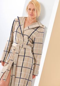 Cawö badjas dames beige met ruit - velours katoen