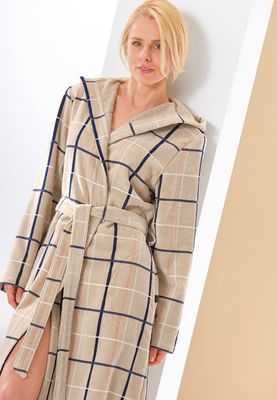 Cawö badjas dames beige met ruit - velours katoen