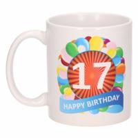 17 jaar Verjaardag koffiemok - cadeau beker - feestelijke ballonnen print - 300 ml - keramiek - wit