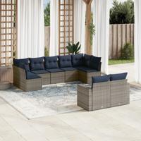 9-delige Loungeset met kussens poly rattan grijs