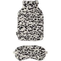 Superzachte fluffy cheetah/luipaard print warmwaterkruik en slaapmasker cadeau set wit   - - thumbnail