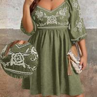 Plus Size Black Rose Floral Embroidery Boho Vacation Dress Army Green / 4XL
