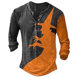 Heks Ontwerper Retro vintage Voor heren 3D-afdrukken T-shirt Henley-shirt Straat Casual Dagelijks Halloween T-shirt Zwart Lange mouw Henley Overhemd Zomer Lente Herfst Kleding S M L XL XXL XXXL Lightinthebox