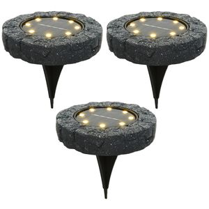 Lumineo Solar grond prikspot/tuinspot - 3x - kunststeen - steengrijs - 11 x 2 cm - Prikspotjes