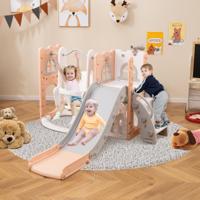 7 in 1 L-Vormige Peuterschommel- en Glijbaan Set Vrijstaande Kinderglijbaan Set met Schommel Roze + Grijs
