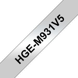 Brother Originele HGe-M931V5 label tapecassette – hoogwaardig - 5x zwart op zilver, breedte 12 mm