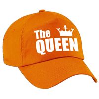 Feestpet / cap The Queen oranje witte letters en kroon dames - Koningsdag   -