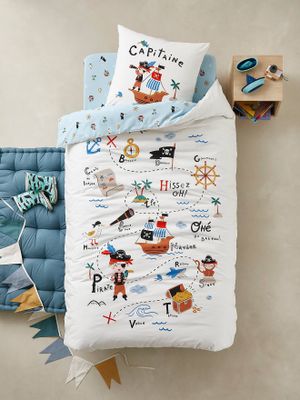 Set dekbedovertrek + kussensloop voor kinderen P ALS PIRAAT ecru / blauw