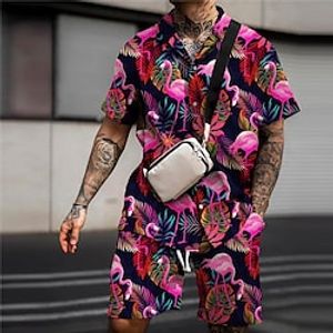 Voor heren Overhemd Overhemdset Hawaiiaans overhemd Bloemig Flamingo Grafische prints Bladeren Strijkijzer Zwart Wit Blozend Roze Donkergroen Groen Buiten Straat Korte Mouw Afdrukken Kleding Modieus Lightinthebox