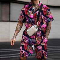 Voor heren Overhemd Overhemdset Hawaiiaans overhemd Bloemig Flamingo Grafische prints Bladeren Strijkijzer Zwart Wit Blozend Roze Donkergroen Groen Buiten Straat Korte Mouw Afdrukken Kleding Modieus Lightinthebox - thumbnail