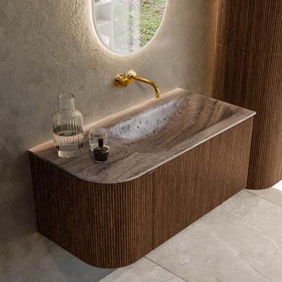 Badmeubel Mondiaz Kurve-Dlux | 95 cm | Meubelkleur Walnut | Wastafelkleur Oza | Solid surface | Wasbak rechter zijde spoelbak | Zonder kraangat(en)