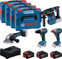 Bosch Blauw accutoolkit 4-toolkit 18v | gsr 18v-65 + gdx 18v-285 + gbh 18v-26 + gws 18v-11 | + 2x gba 18v 5,0ah + 1x exba 18v 5,5ah + lader - 0615a500bj
