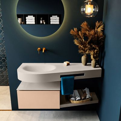 MONDIAZ RIVA 120cm badmeubel onderkast / planchet kleur Rosee met 1 lade. Wastafel DULCET links 0 kraangaten kleur Linen. MONDIAZ RIVA 120cm badmeubel onderkast / planchet kleur Rosee met 1 lade. Wastafel DULCET links 0 kraangaten kleur Linen.