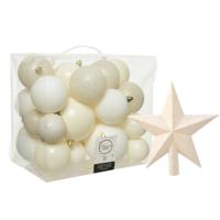 26x stuks kunststof kerstballen 6, 8 en 10 cm incl. ster piek wol wit - Kerstbal