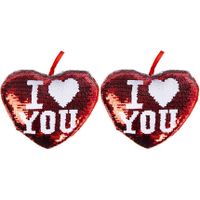 2x stuks hartjes kussen I Love You rood metallic met pailletten 20 cm - thumbnail