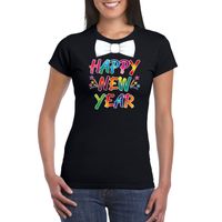 Oud en nieuw t-shirt Happy New Year met vlinderdas zwart dames - thumbnail