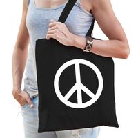 Flower Power katoenen tas met peace teken zwart voor volwassenen - thumbnail