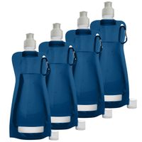 Waterfles/drinkfles opvouwbaar - 4x - blauw - kunststof - 420 ml - schroefdop - karabijnhaak - thumbnail