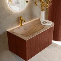 Badmeubel Mondiaz Kurve-Dlux | 85 cm | Meubelkleur Ruby | Wastafelkleur Arena | Solid surface | Wasbak linker zijde spoelbak | 1 kraangat