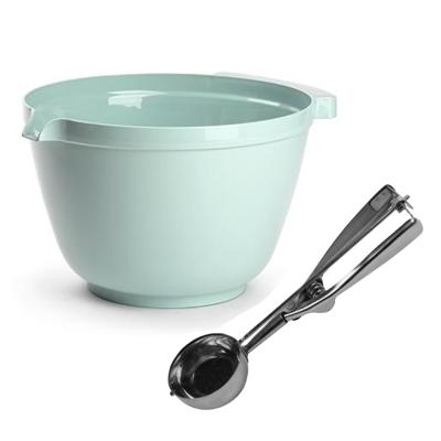 Oliebollen bakken set - Beslagkom groen - kunststof - met ijsbollen lepel 23 cm