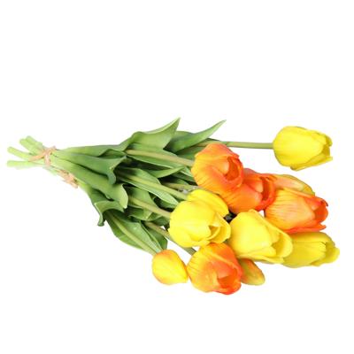 Kunst tulpen boeket Sally - 7x stuks - geel/oranje - real touch - 47 cm - kunst zijdebloemen