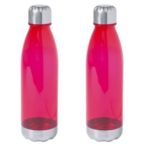 2x Stuks kunststof waterfles/drinkfles transparant rood met Rvs dop 700 ml