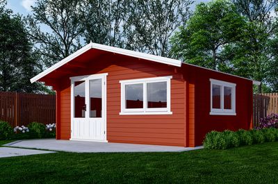 Blokhut 540x440 cm, 50 mm dikke wanden & dubbelglas - gecoat- Zadeldak- Hout- Interflex