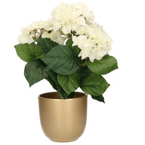 Hortensia kunstplant met bloemen wit - in pot goud - 40 cm hoog