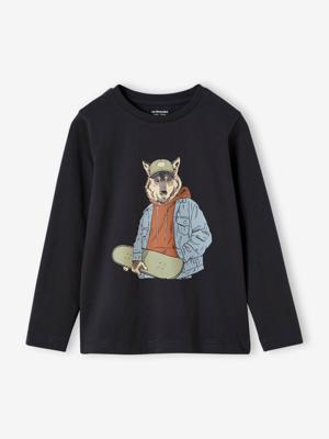 Oeko-Tex® fun T-shirt met lange mouwen en kattenmotief voor jongens antraciet