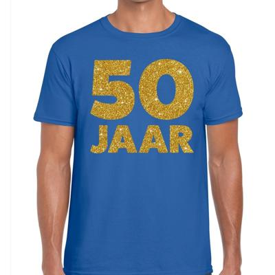 50 Jaar verjaardag - gouden glitter tekst - t-shirt - blauw - heren - korte mouwen