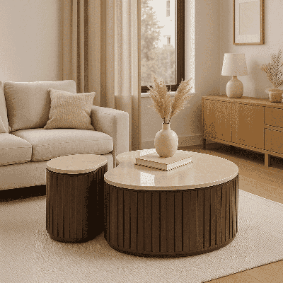 Brix Organische Salontafel 'Sorai' Bottecino marmer en bruin mangohout, Set van 2 stuks