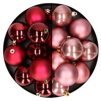 24x stuks kunststof kerstballen mix van donkerrood en oudroze 6 cm - Kerstbal - thumbnail