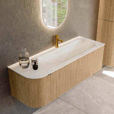Badmeubel Mondiaz Kurve-Dlux | 135 cm | Meubelkleur Oak | Wastafelkleur Ostra | Solid surface | Rechts spoelbak | 1 kraangat
