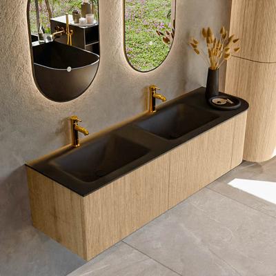 Mondiaz KURVE 155 cm Onderkast Greeploos 2 Lades Met Deuren Oak, Wastafel Solid Surface Links Urban 2 Kraangaten Zonder Spiegel (KRVCLO155R2L1D2KD-Oak/Urb)