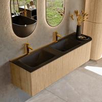 Mondiaz KURVE 155 cm Onderkast Greeploos 2 Lades Met Deuren Oak, Wastafel Solid Surface Links Urban 2 Kraangaten Zonder Spiegel (KRVCLO155R2L1D2KD-Oak/Urb)