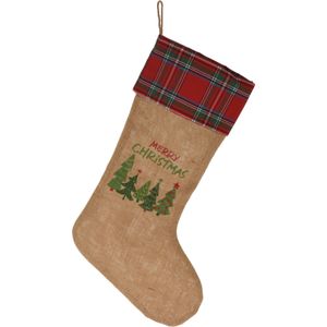 Decoratie kerstsok - geruite rand - H52 cm - jute/polyester