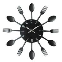 Bestek metalen keuken Wandklok lepel vork creatieve kwarts muur gemonteerde klokken modern design decoratieve horloge zwart