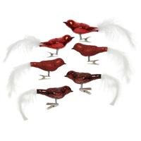 Decoratie vogels - 6x st - op clip - rood - 8 cm - glas - kerstornamenten