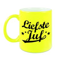 Liefste juf cadeau mok / beker neon geel 330 ml - thumbnail