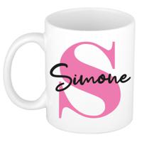 Naam mok Simone - roze - wit - keramiek - 300 ml - verjaardag/cadeau beker - thumbnail