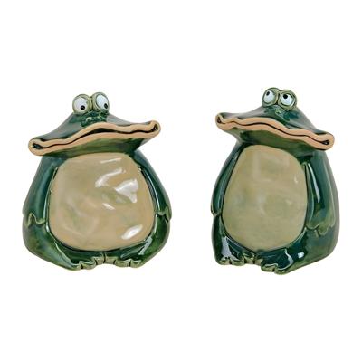 Wurm kikker beeld - 12 cm - tuin beeld - groen - keramiek - kikker/pad